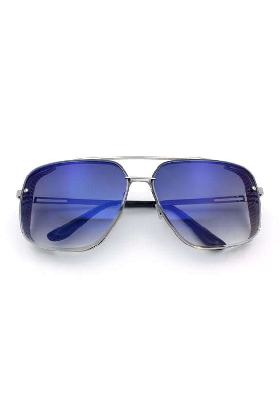 Mens Rectangular Rimless Racer Perforated Side Visor Metal Sunglasses Silver - Blue Mirror