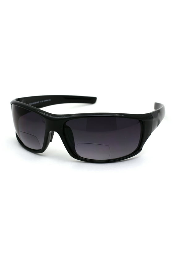 Mens Rectangular Warp Plastic Sport Bi-focal Reading Lens Sunglasses Shiny Black 1.25