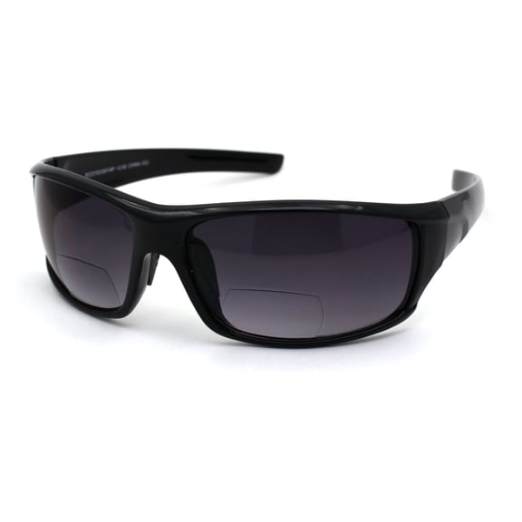 Mens Rectangular Warp Plastic Sport Bi-focal Reading Lens Sunglasses Shiny Black 2.75