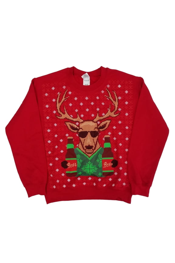 Mens Red Cool Reindeer Beer Bottle Christmas Holiday Sweatshirt