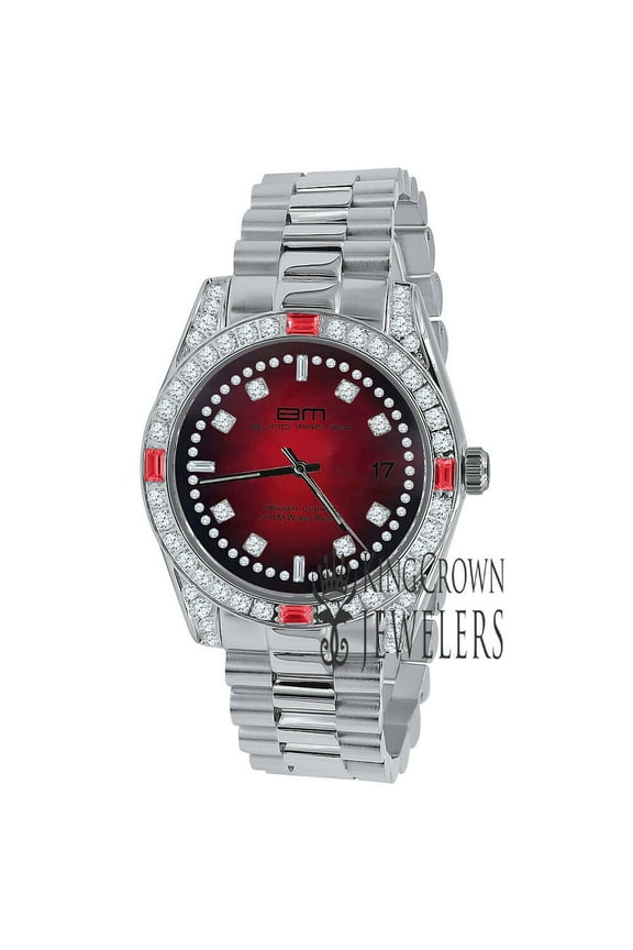 Mens Red Dial Simulated Diamond White Gold Tone 40mm Full Stainless Steel Watch