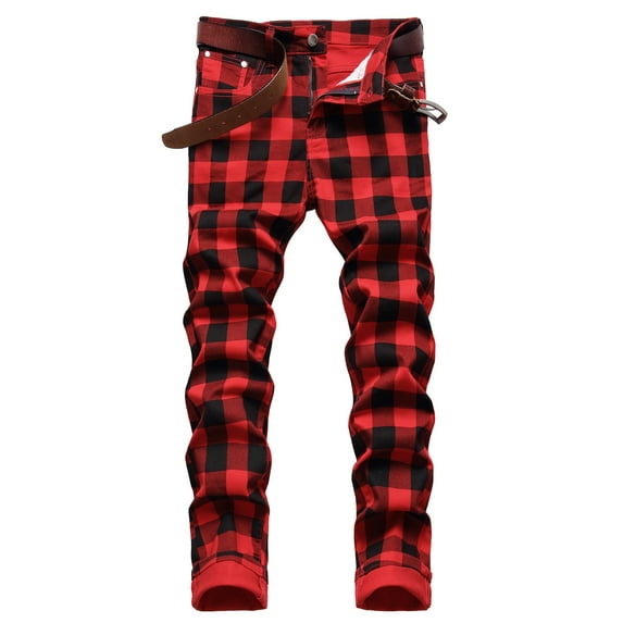 Mens Red Jeans Slim Fit Plaid Pants for Men Jeans, Streetwear Punk Hip-hop Stretch Pants Skinny Jeans (Without Belt) (Size32 fit us Waist W32-W33)