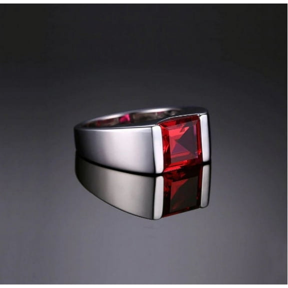 Mens Red Ruby Ring, 925 Sterling Silver Men's Engagement Ring, 8mm Emerald Cut Red Gemstone July Birthstone Wedding Band Ring Jewelry