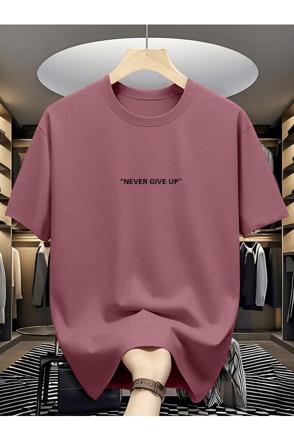 Mens Red Slogan Print Round Neck Casual Loose T-Shirt