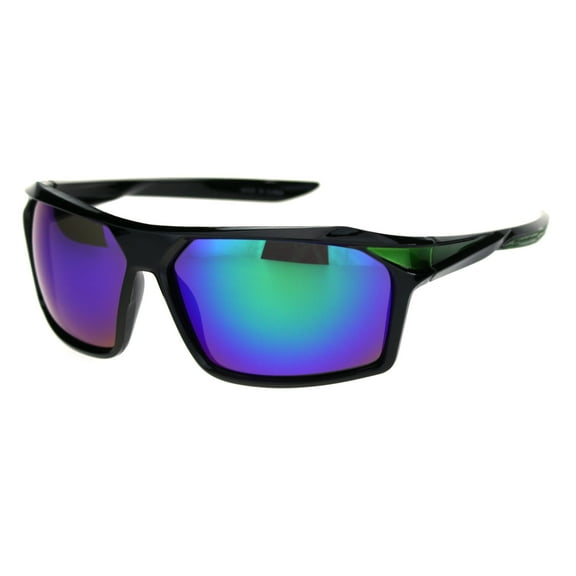 Mens Reflective Mirror Aerodynamic Streamline Design Rectangular Sport Sunglasses Black Green Teal Mirror