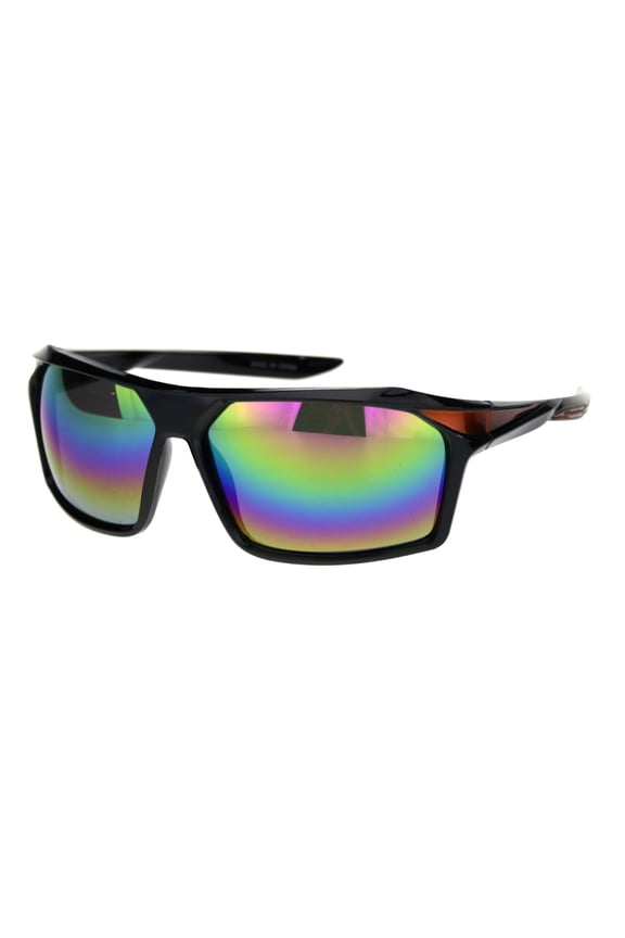 Mens Reflective Mirror Aerodynamic Streamline Design Rectangular Sport Sunglasses Black Orange Oil Slick Mirror