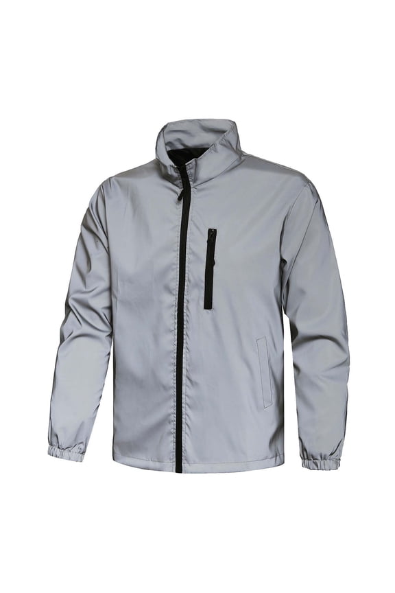 Mens Reflective Windbreaker Jacket Lightweight Stand Collar Full Zip Water Repellent Shell with Zip Pockets for Running Cycling Outdoor,L,Gray