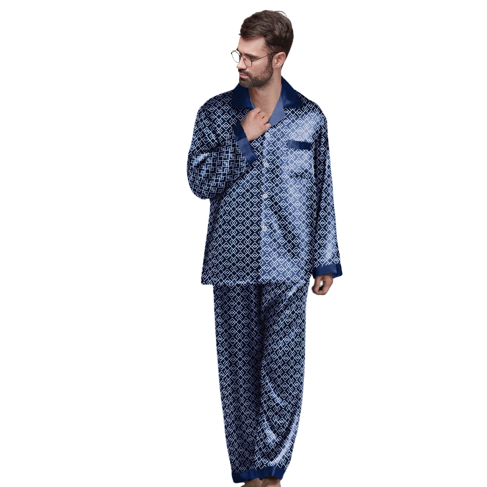 Mens Regular Big and Tall Pajama Set with Button Down Drawstring Pockets Long Sleeve Satin Sleepwear PJs Blue Medium Walmart