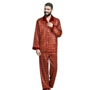 Mens Regular & Big and Tall Pajama Set with Button Down, Drawstring & Pockets - Long Sleeve Satin Sleepwear PJs (Dark Red, LT)