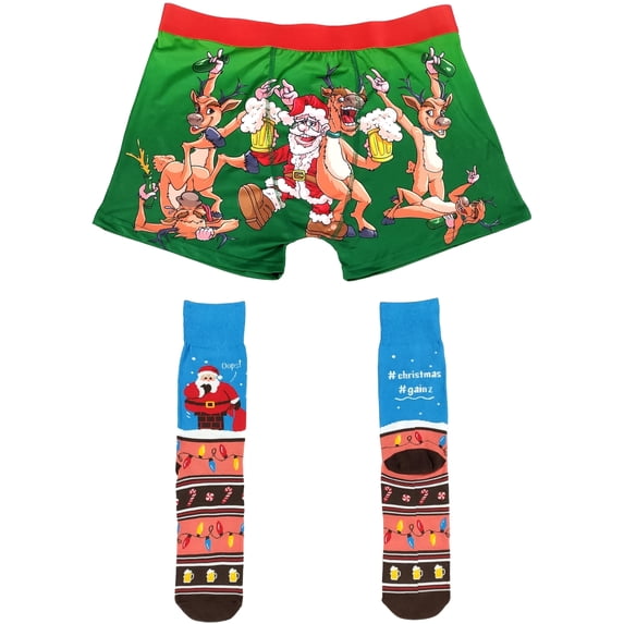 Mens Reindeer Afterparty Christmas Boxer Brief Underwear and Socks Xmas Combo