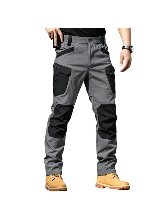 Mens Reinforced Knee Tactical Cargo Pants, Multi Pockets Work Trousers, Color Block Durable Outdoor Casual Pants Gray M