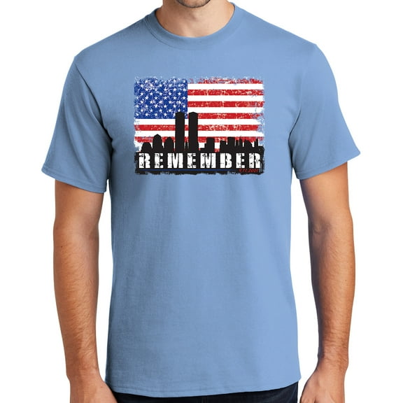 Mens Remember 9-11, 2001 Sept 11th Cotton Tee Shirt, Medium Light Blue