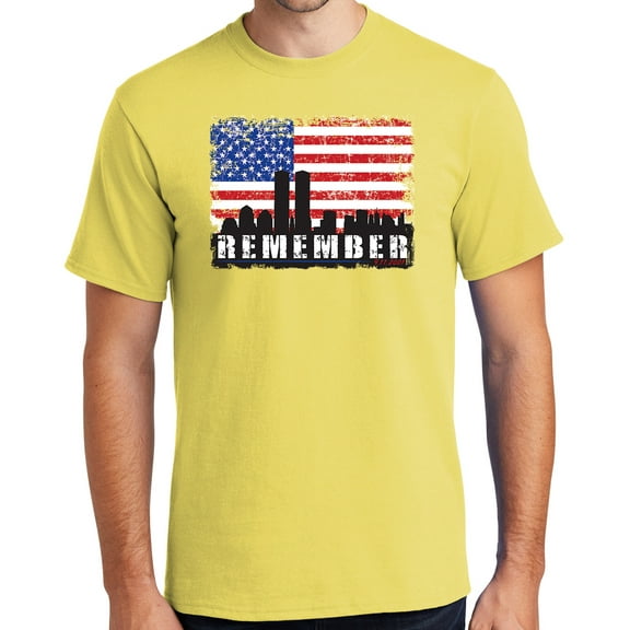 Mens Remember 9-11, 2001 Sept 11th Cotton Tee Shirt, XL Yellow