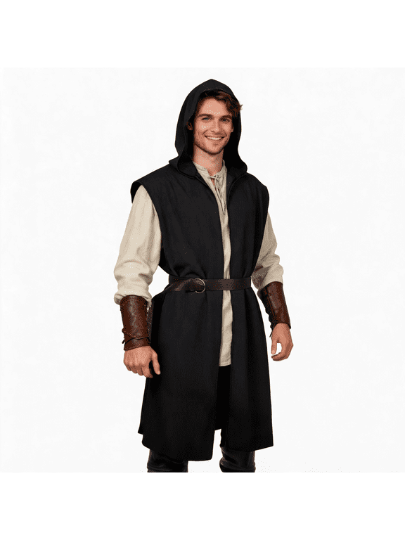 Mens Renaissance Hooded Tunic Sleeveless Medieval Waistcoat Viking LARP Assassin Style Costume Outerwear Long Vest