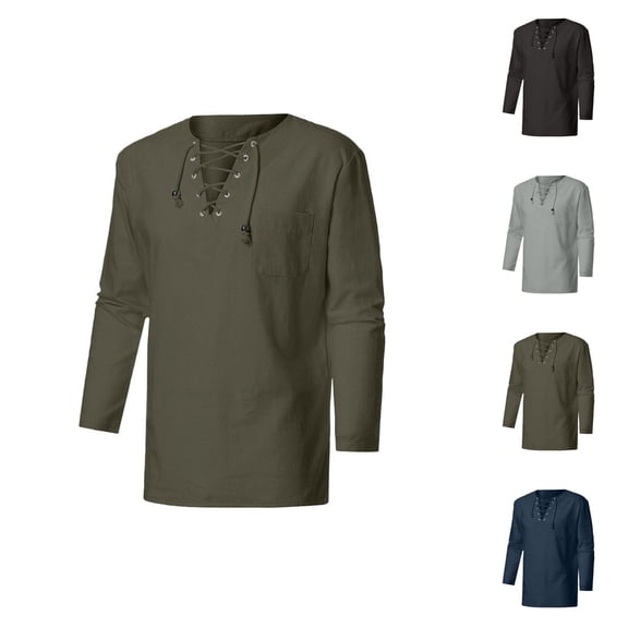 Mens Renaissance Shirt 3/4 Sleeve Lace Up Linen Shirts Retro Pirate Viking Gothic Shirt