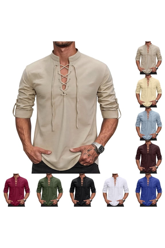 Mens Renaissance Shirt Medieval Pirate Viking Halloween Costume Gothic Steampunk Retro Long Sleeve Lace Up Shirts