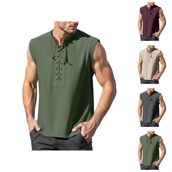 Mens Renaissance Shirt Tank Top Lace Up Stand Collar Sleeveless Shirt Pirate Steampunk Viking Shirts