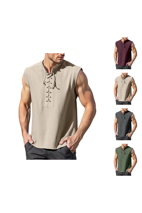 Mens Renaissance Shirt Tank Top Lace Up Stand Collar Sleeveless Shirt Pirate Steampunk Viking Shirts