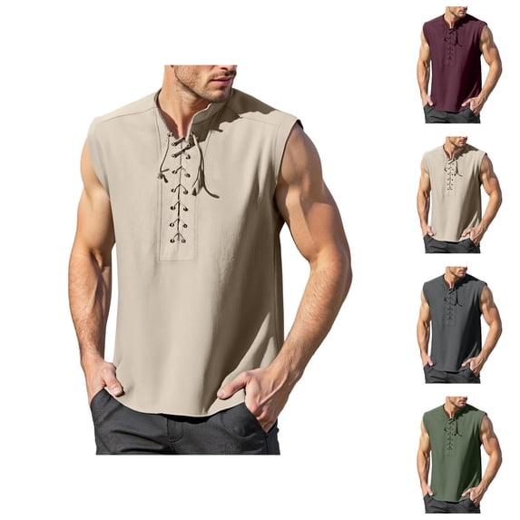 Mens Renaissance Shirt Tank Top Lace Up Stand Collar Sleeveless Shirt Pirate Steampunk Viking Shirts
