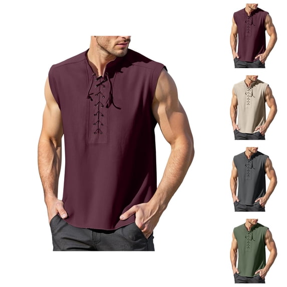 Mens Renaissance Shirt Tank Top Lace Up Stand Collar Sleeveless Shirt Pirate Steampunk Viking Shirts