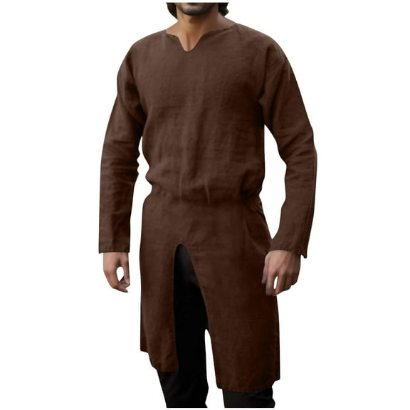 Mens Renaissance Tunic Top Cotton Linen Pirate Viking Shirts Retro Medieval Henley Shirt Gothic Halloween Costume