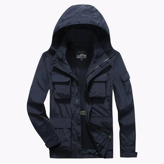 Mens Resistant Hooded Jacket Fall Long Sleeve Outdoor Coat Fashion Winter Multi Pockets Warm Hoodies
