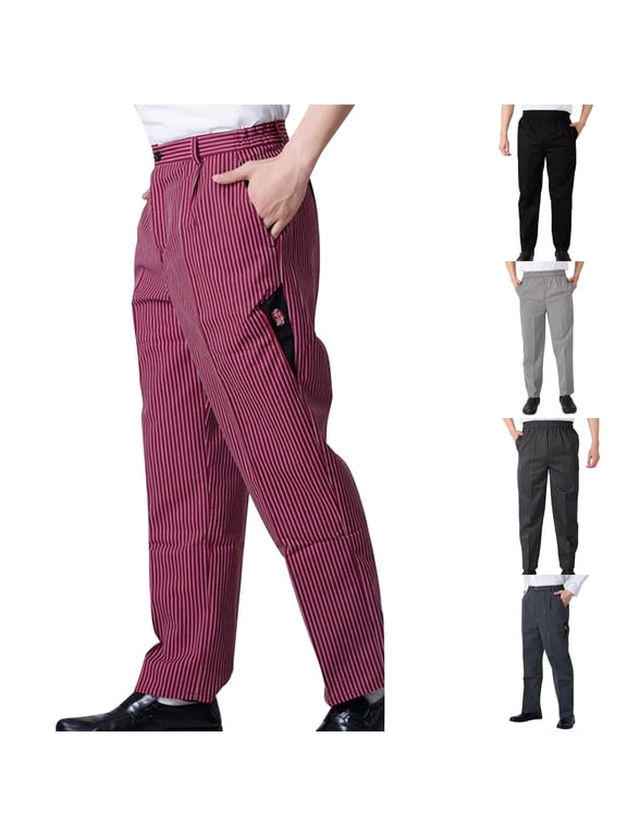 Mens Restaurant Server Pants Striped Chef Trousers Elastic Waist Kitchen Work Bottoms Loose Fit Cook Pants for Men Professional Uniform Black XL
