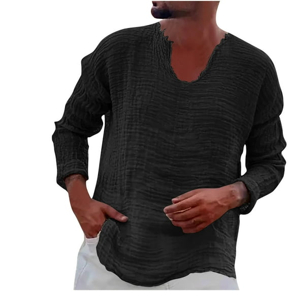 Mens Retro Blouses Shirt Summer Beach Lightweight Hippie Shirts Vintage Ripped Collar Solid Long Sleeve Sweatshirt