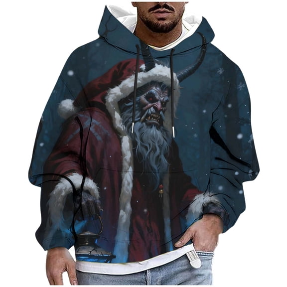 Mens Retro Christmas Sweatshirts 3D Printing Novelty Santa Pullover Long Sleeve Holiday Pullover with Kangaroo Pocket