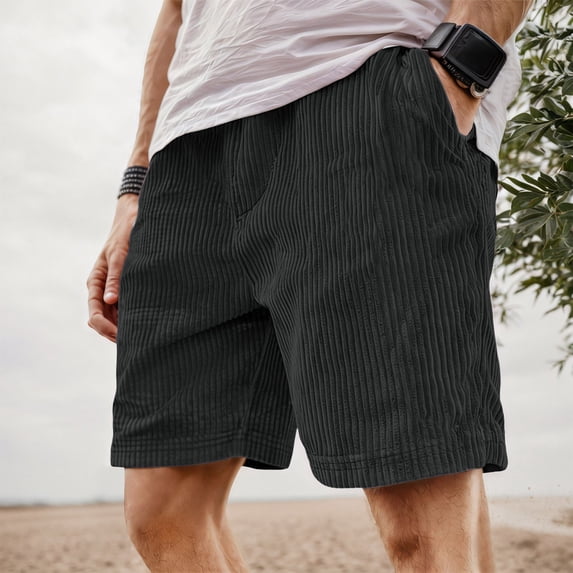 Mens Retro Corduroy Shorts Summer Casual Adjustable Elastic Waist Solid Color Comfortable Trousers with Pockets Black S