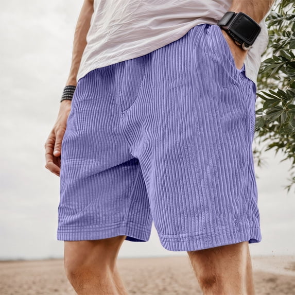 Mens Retro Corduroy Shorts Summer Casual Adjustable Elastic Waist Solid Color Comfortable Trousers with Pockets Purple M