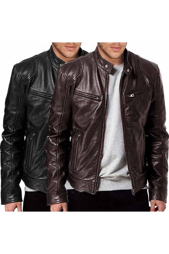 Mens Retro Leather Jacket Long Sleeve Motorcycle Button Winter Fall Coats Black L
