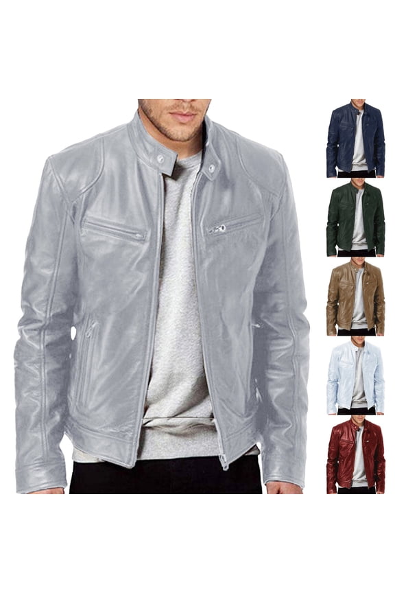 Mens Retro Faux Leather Jacket Varsity Baseball Bomber Jacket Zip Up Fall Winter Tops Blue XXXXL