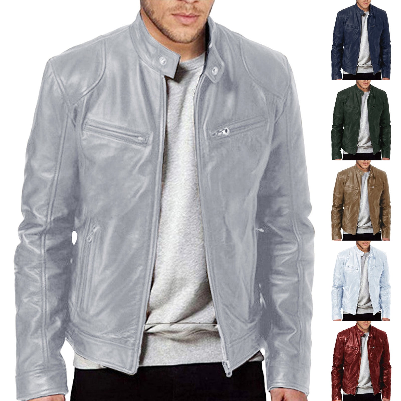 Mens Retro Faux Leather Jacket Varsity Baseball Bomber Jacket Zip Up Fall Winter Tops Khaki XXXXL
