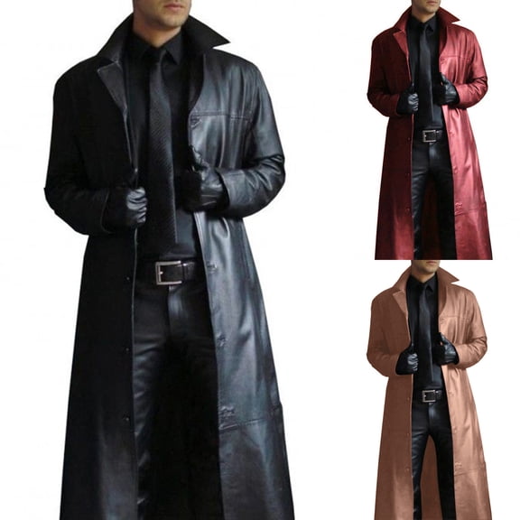 Mens Retro Leather Trench Coat Full Length Steampunk Open Front Cardigan Jacket Button Windbreaker Long Overcoat Black L