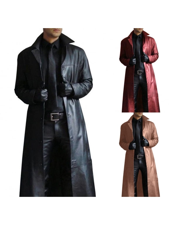 Mens Retro Leather Trench Coat Full Length Steampunk Open Front Cardigan Jacket Button Windbreaker Long Overcoat Black L