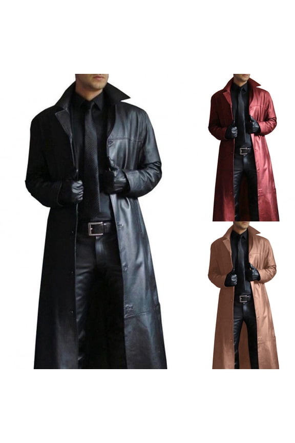 Mens Retro Leather Trench Coat Full Length Steampunk Open Front Cardigan Jacket Button Windbreaker Long Overcoat Red M
