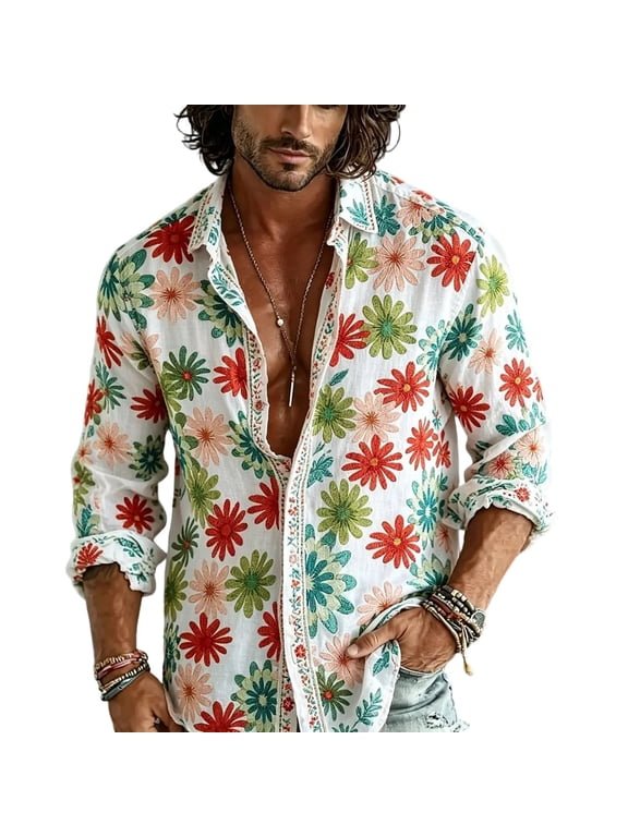 Mens Retro Hippie Hawaiian Style Button Down Shirt Bohemian Loose Fit Top Vacation Resort Party Wear Blouse