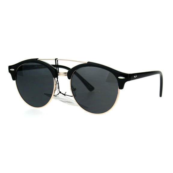 Mens Retro Hipster Half Horn Wire Flat Top Round Sunglasses Black Gold Black