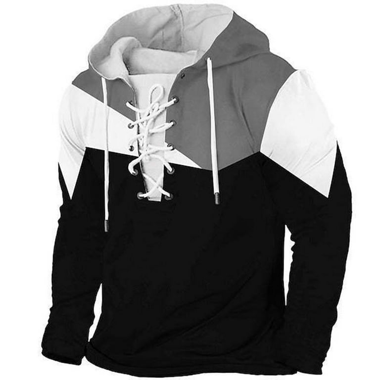 Mens Retro Hoodies Front Lace-up Drawstring Pullover Plain Graphic Hooded  Western Sweatshirt Long Sleeve Sweater Tops (Medium, White) 