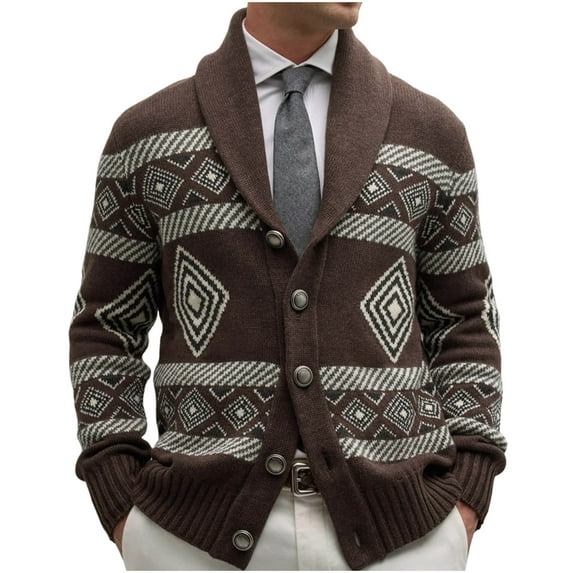 Mens Retro Long Sleeve Cardigan Shawl Collar Vintage Knit Sweater Casual Fall Winter Warm Coat L, Coffee