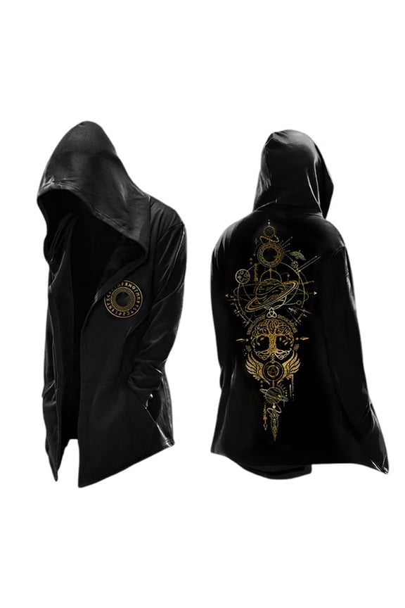 Mens Retro Nordic Myth Hooded Jacket Mid Length Biker Jacket Spring Fall Cardigan Black L