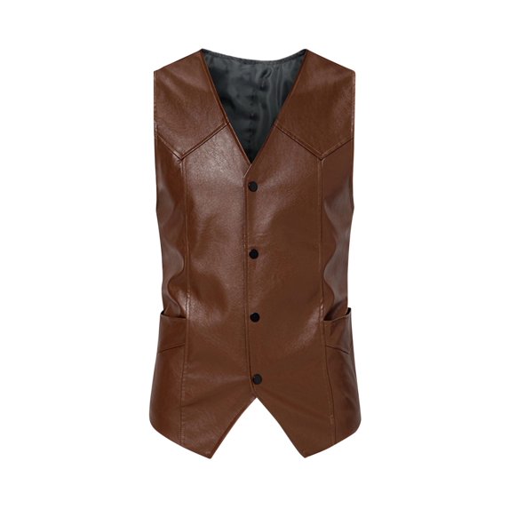 Mens Retro PU Leather Suit Vests Casual Western Single Breasted Pocket Jacket Lightweight V Neck Classic Fit Waistcoat
