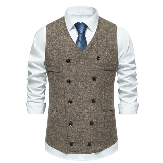 Mens Retro Pinstripe Waistcoat Dress Patchwork Vest Slim Fit Button Down Prom Formal Tweed Suit Vest Khaki XL