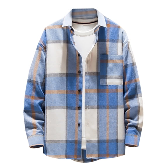 Mens Retro Plaid Shirts Lapel Single-Breasted Long Sleeve Tops Stylish Simplicity Lightweight Jackets with Pocket