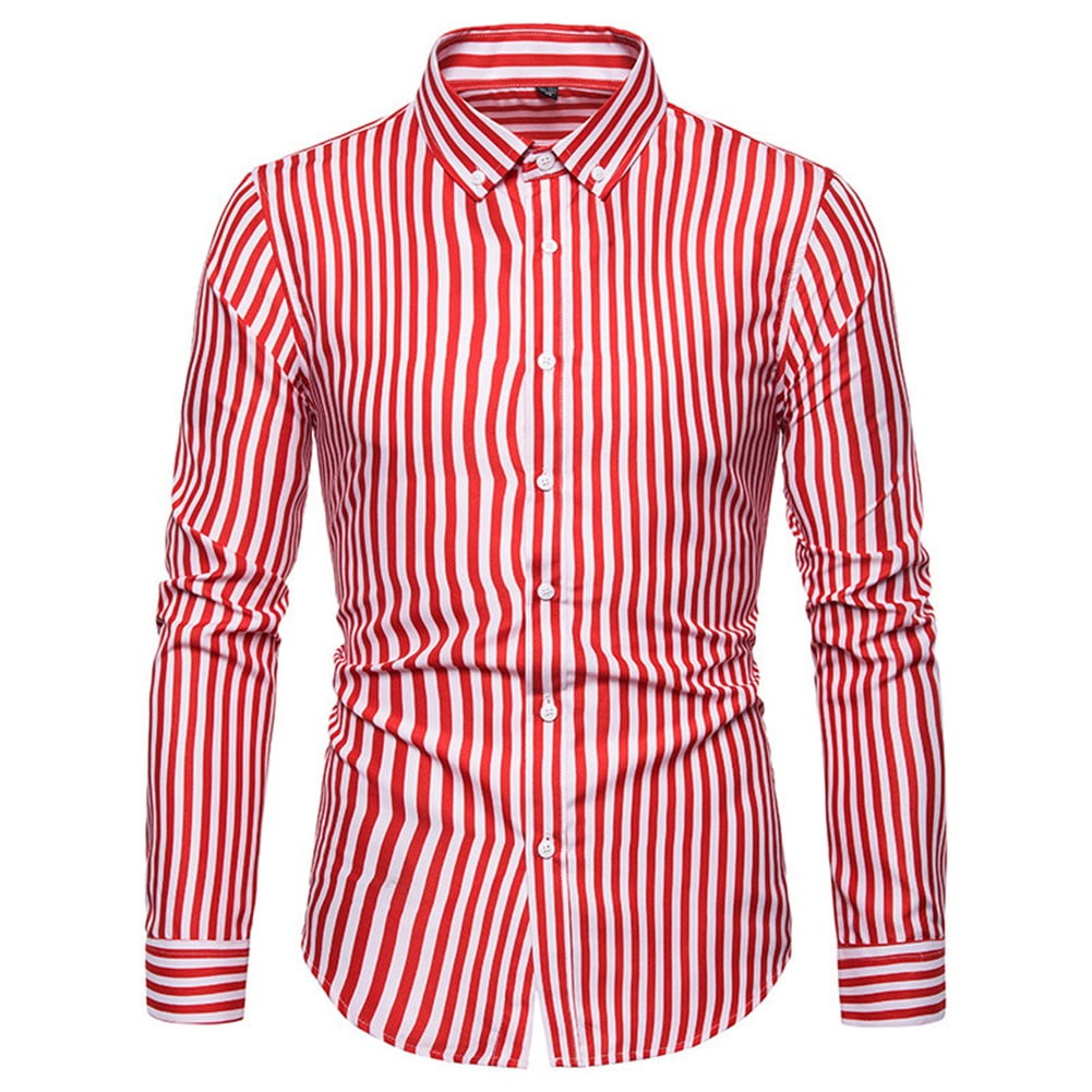 Mens Retro Stripe Button Down Long Sleeve Casual Formal Dress Tops Tee Shirt