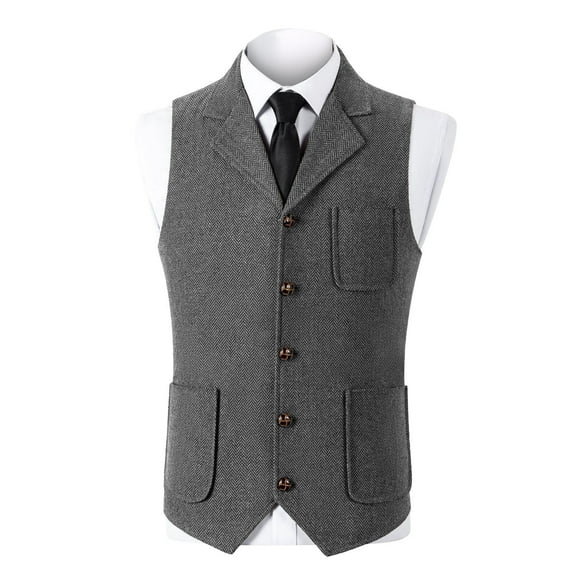 Mens Retro Suit Vest Lapel Herringbone Tweed Business Formal Dress Waistcoat Solid Color V-Neck Wedding Waistcoat