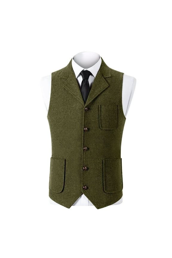 Mens Retro Suit Vest Lapel Herringbone Tweed Business Formal Dress Waistcoat Solid Color V-Neck Wedding Waistcoat