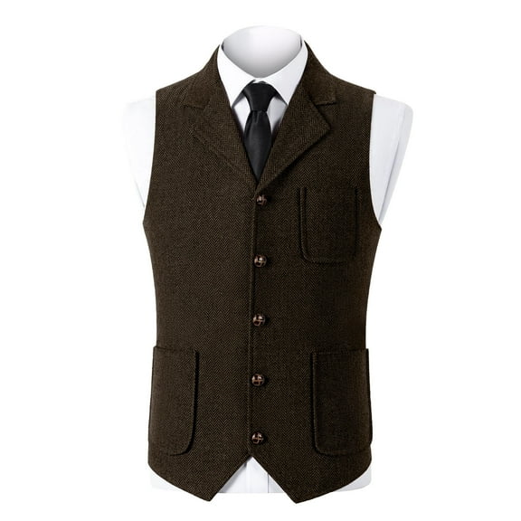 Mens Retro Suit Vest Lapel Herringbone Tweed Business Formal Dress Waistcoat Solid Color V-Neck Wedding Waistcoat