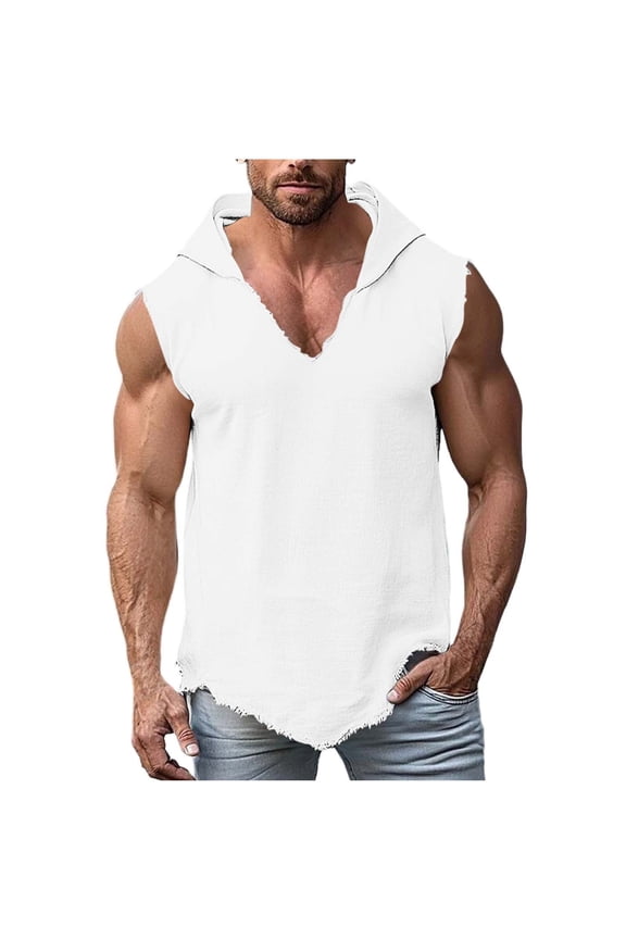 Mens Retro Tank Top Hoodie Cotton Linen Sleeveless Ripped Distressed Muscle Tops Summer T Shirt with Hood